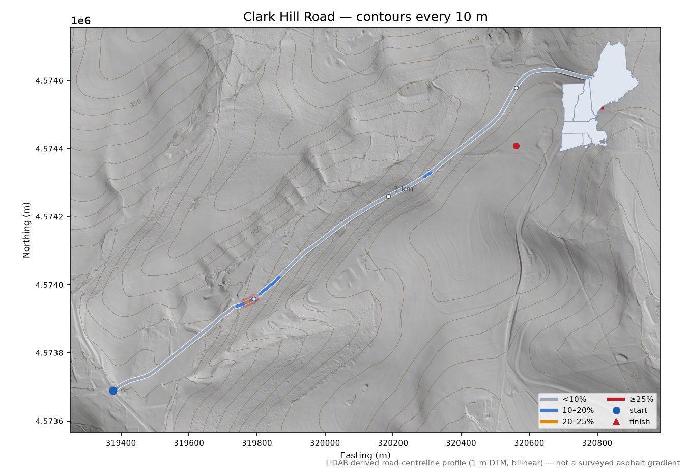 Clark Hill Road LiDAR hillshade map with contours