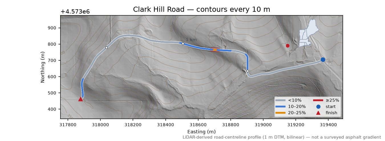 Clark Hill Road LiDAR hillshade map with contours