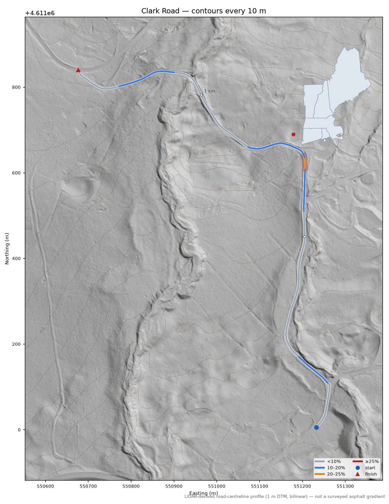 Clark Road LiDAR hillshade map with contours