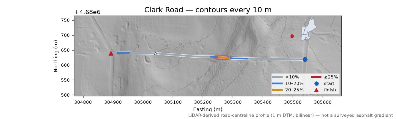 Clark Road LiDAR hillshade map with contours