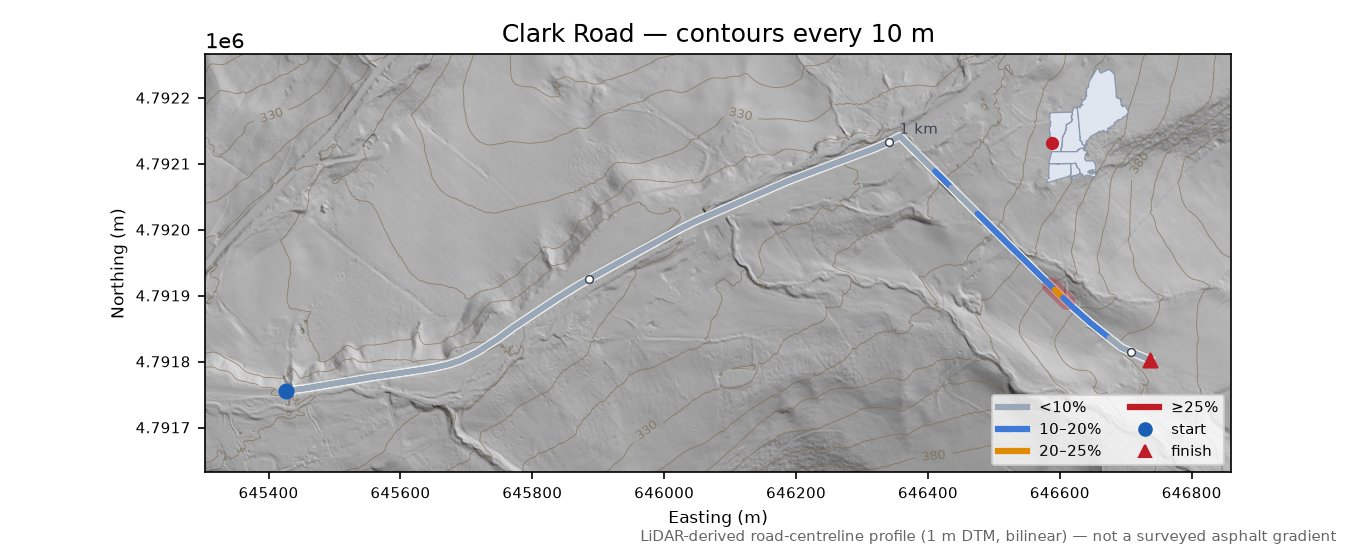 Clark Road LiDAR hillshade map with contours