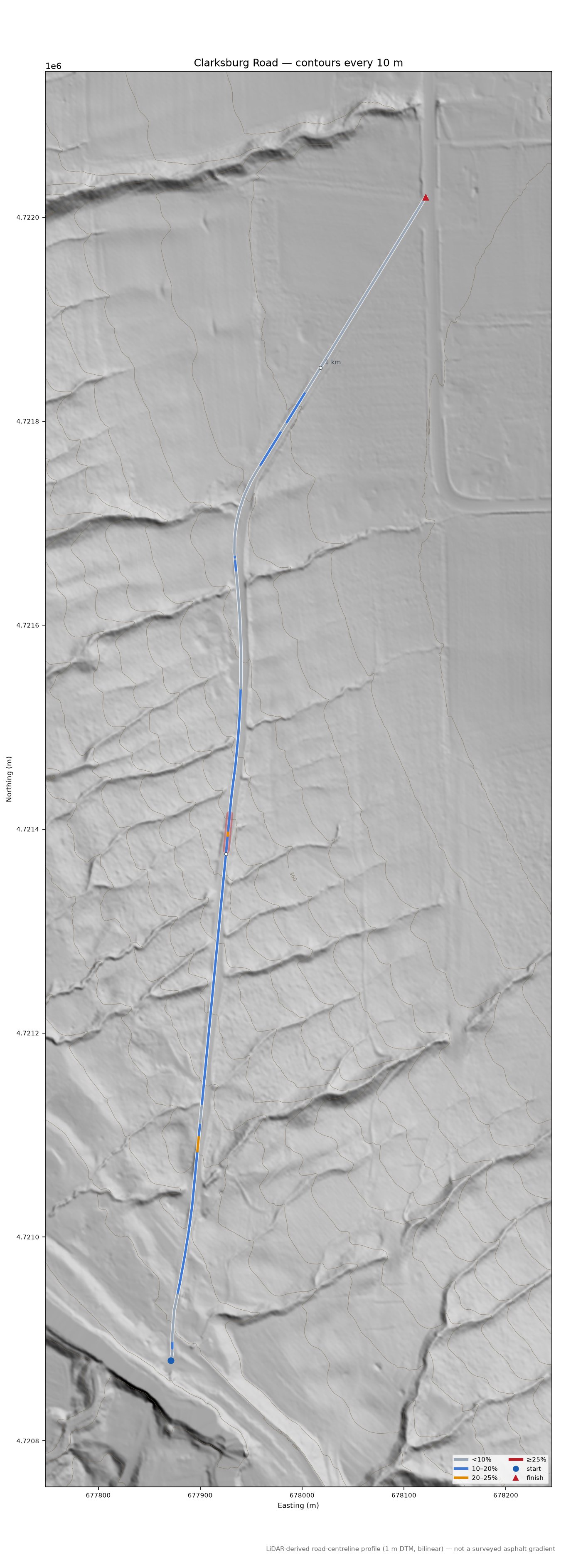 Clarksburg Road LiDAR hillshade map with contours