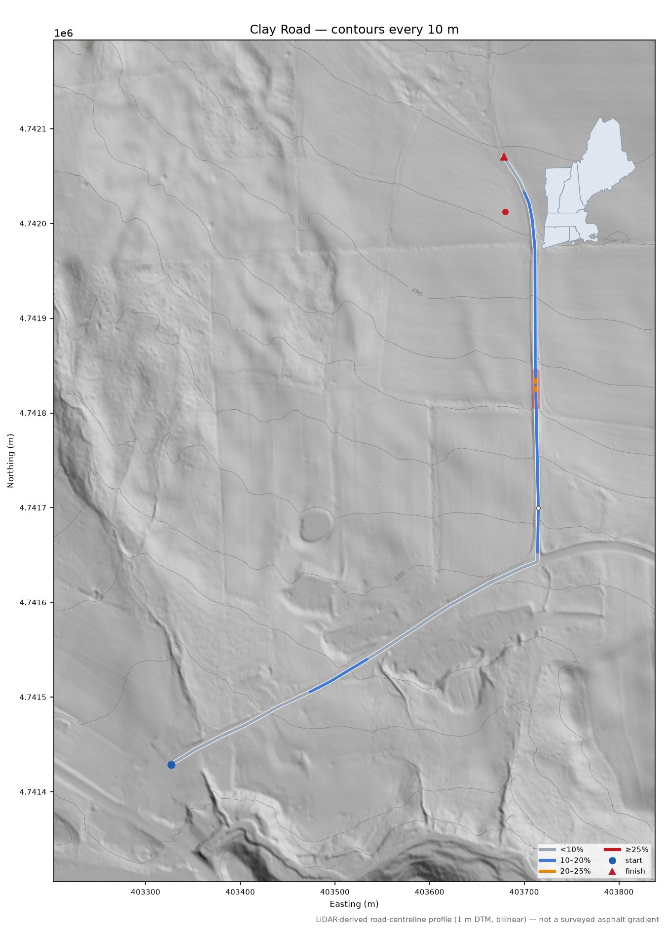Clay Road LiDAR hillshade map with contours