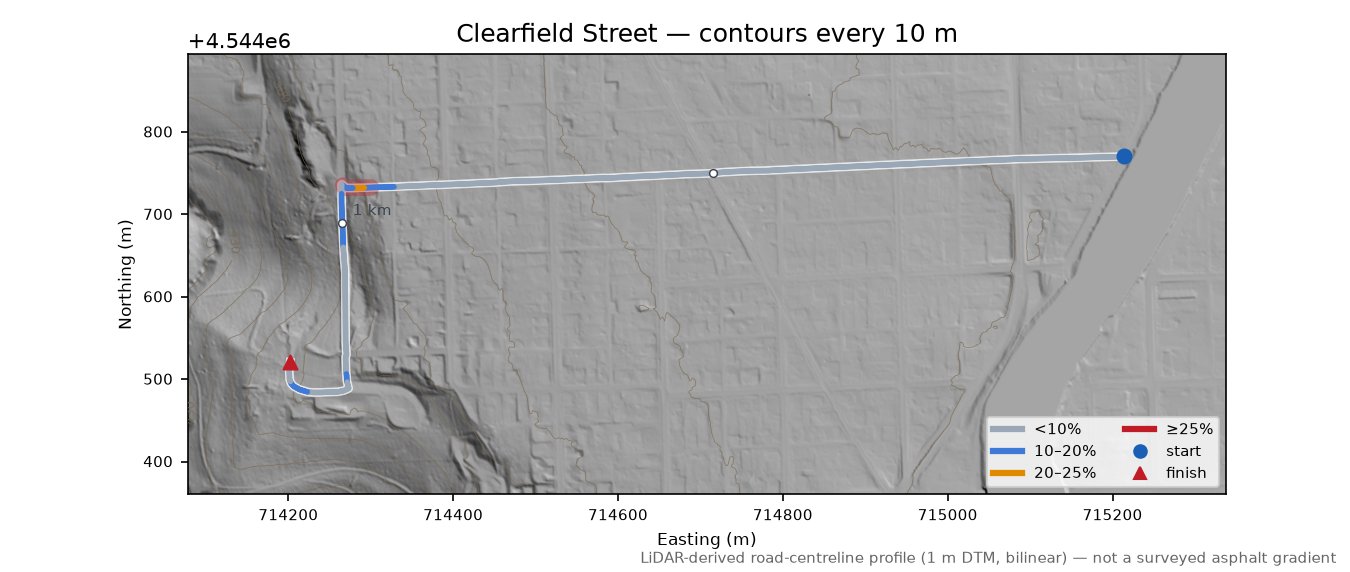 Clearfield Street LiDAR hillshade map with contours