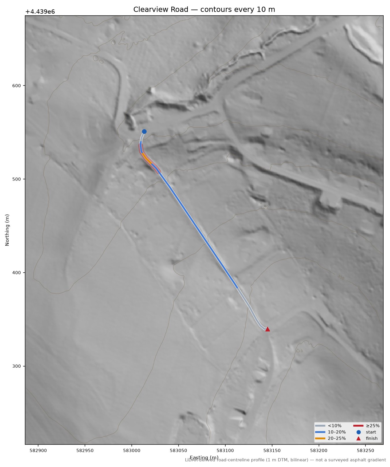 Clearview Road LiDAR hillshade map with contours
