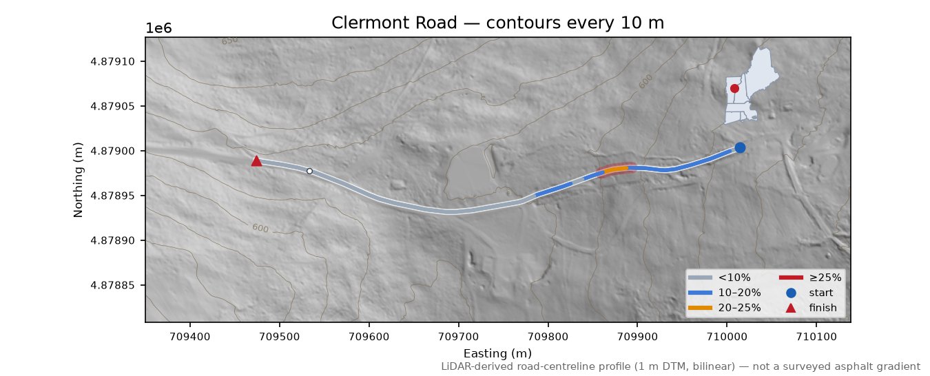 Clermont Road LiDAR hillshade map with contours