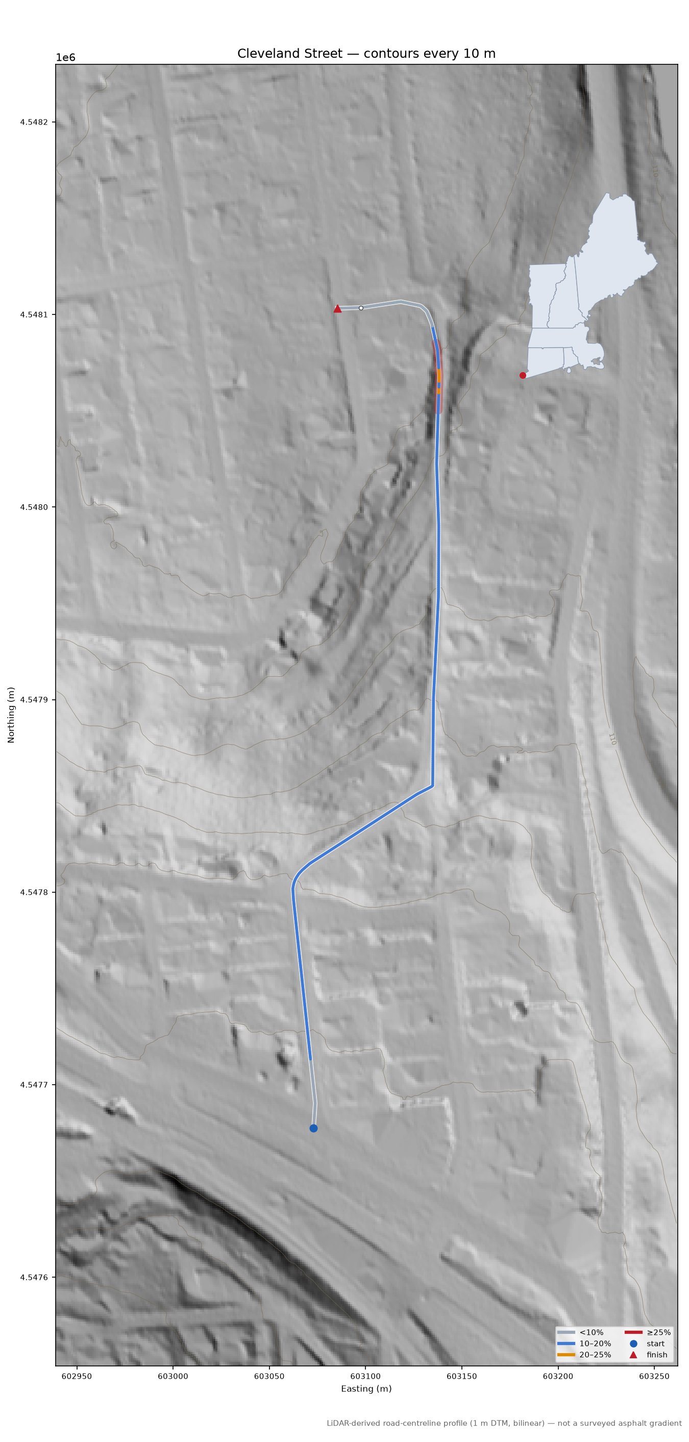 Cleveland Street LiDAR hillshade map with contours