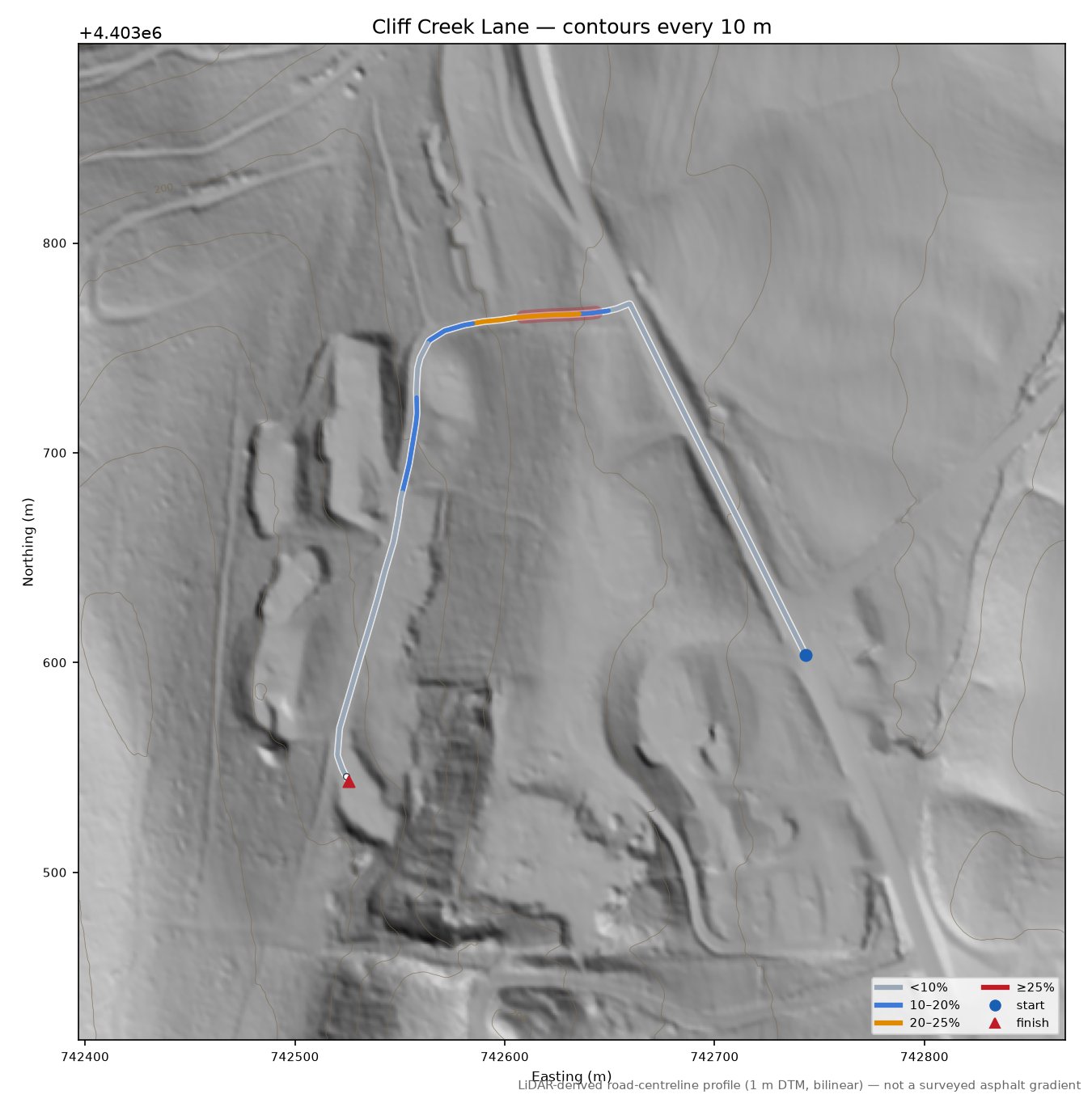 Cliff Creek Lane LiDAR hillshade map with contours
