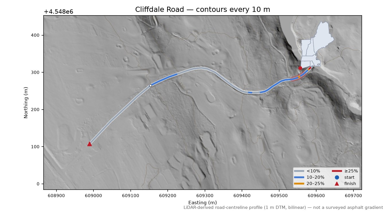 Cliffdale Road LiDAR hillshade map with contours