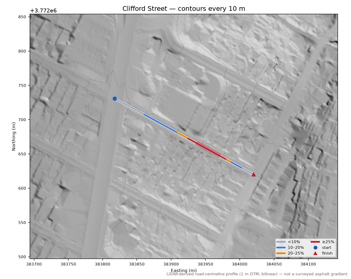 Clifford Street LiDAR hillshade map with contours
