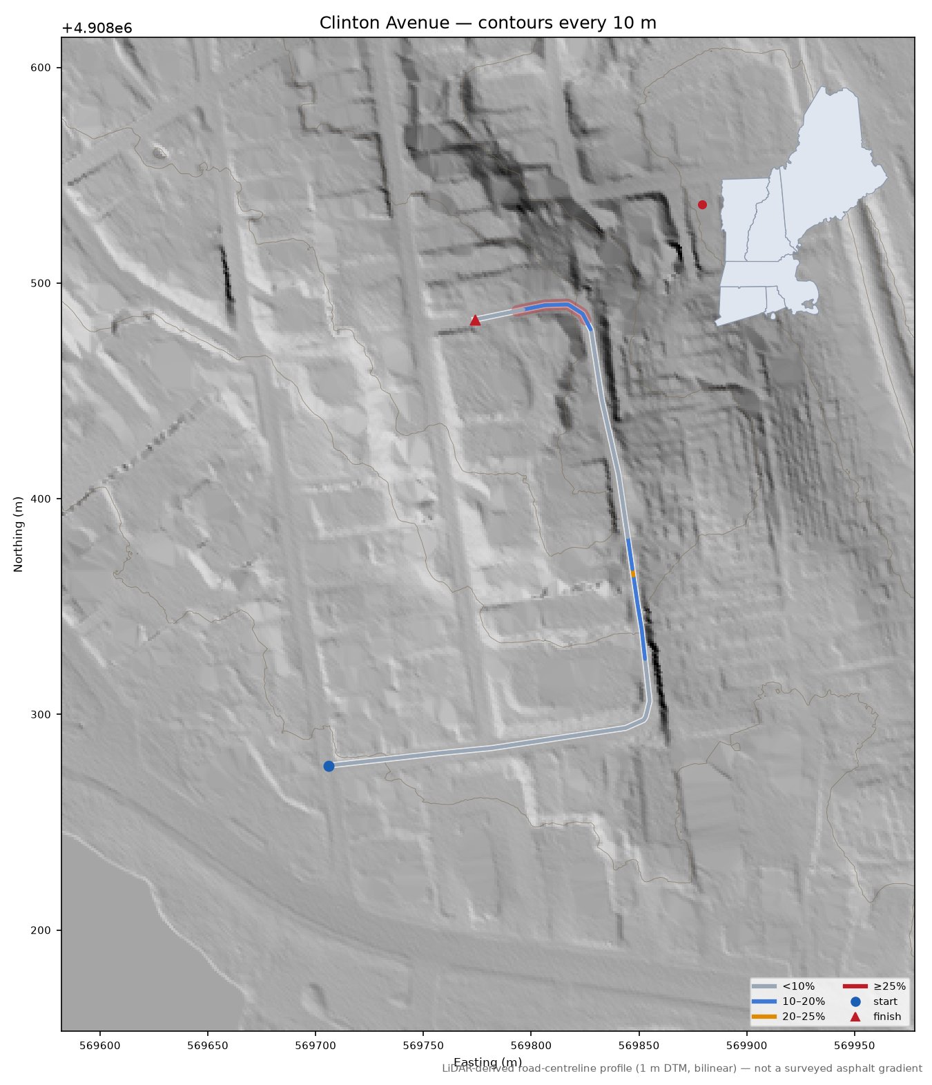 Clinton Avenue LiDAR hillshade map with contours