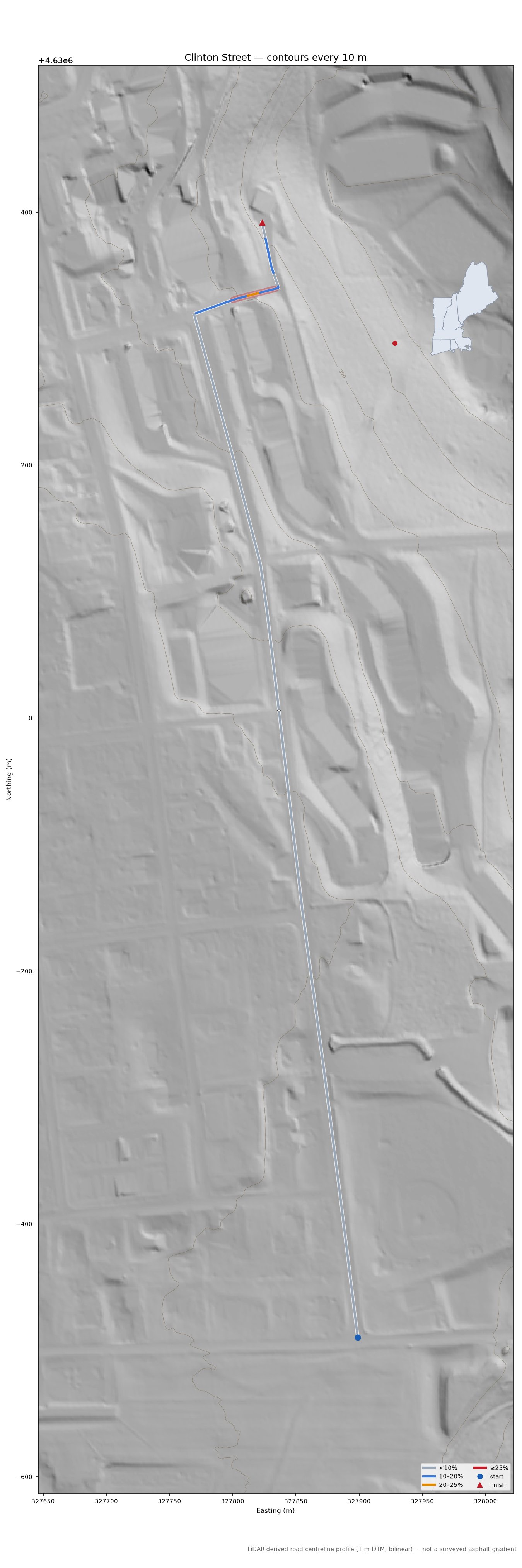 Clinton Street LiDAR hillshade map with contours