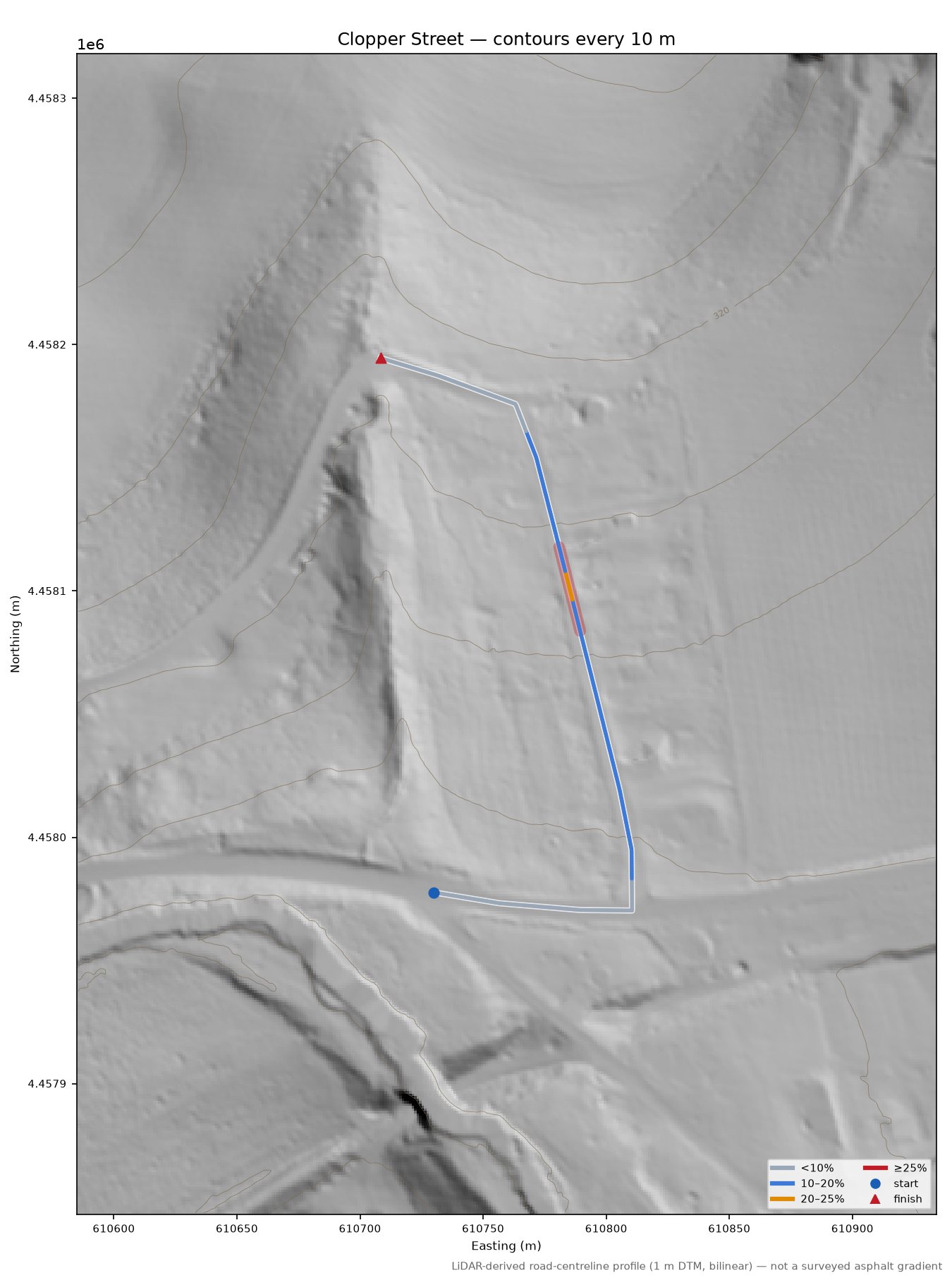 Clopper Street LiDAR hillshade map with contours