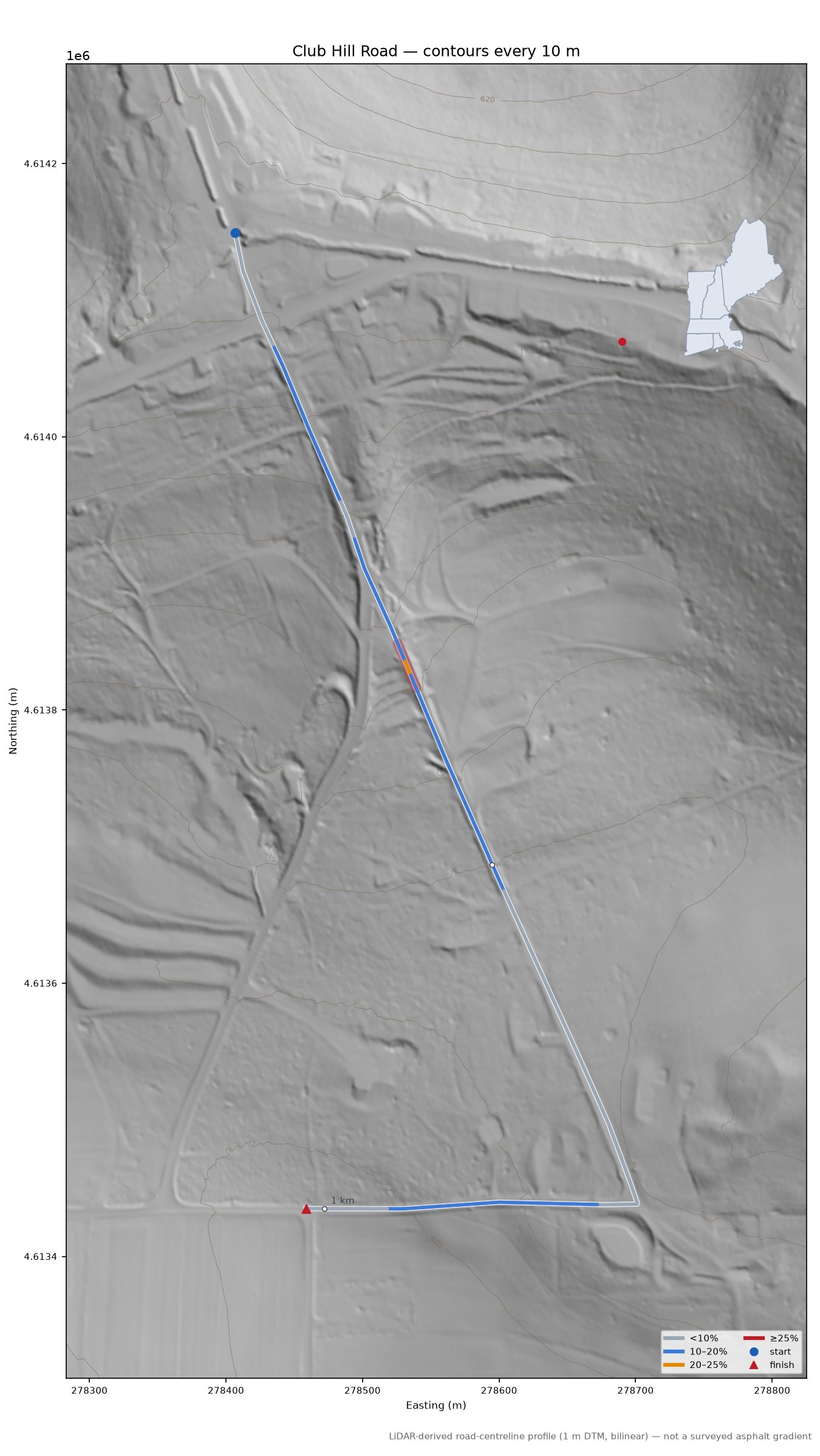 Club Hill Road LiDAR hillshade map with contours