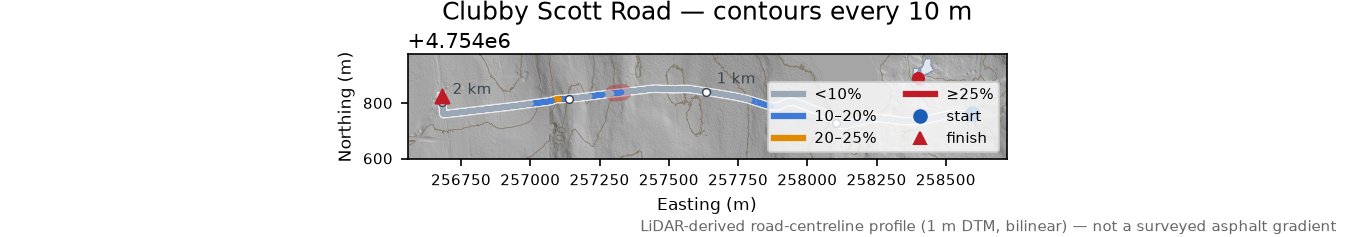 Clubby Scott Road LiDAR hillshade map with contours