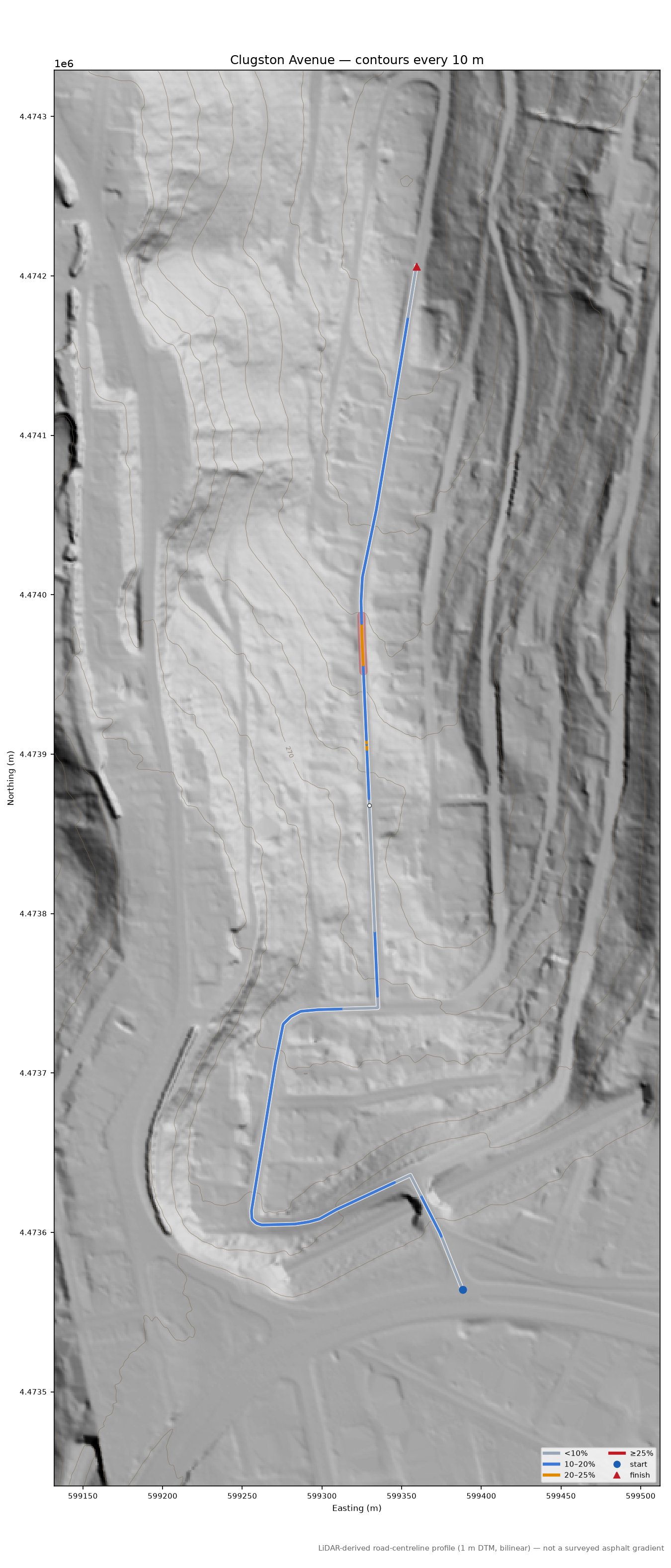 Clugston Avenue LiDAR hillshade map with contours