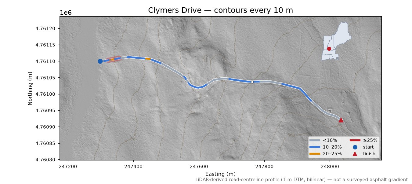 Clymers Drive LiDAR hillshade map with contours
