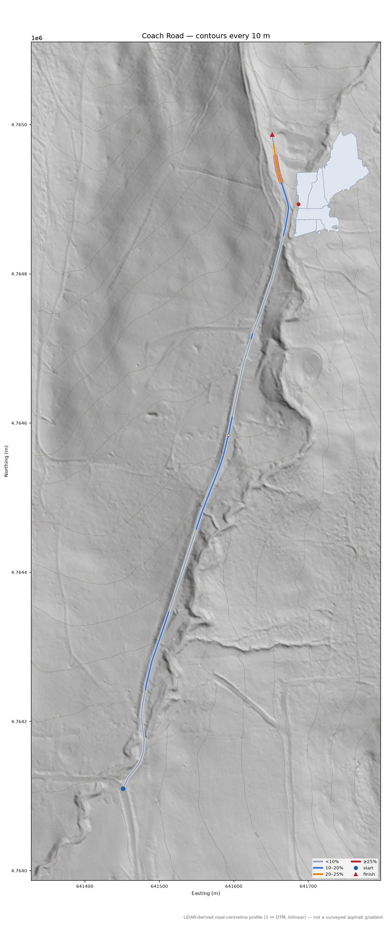 Coach Road LiDAR hillshade map with contours