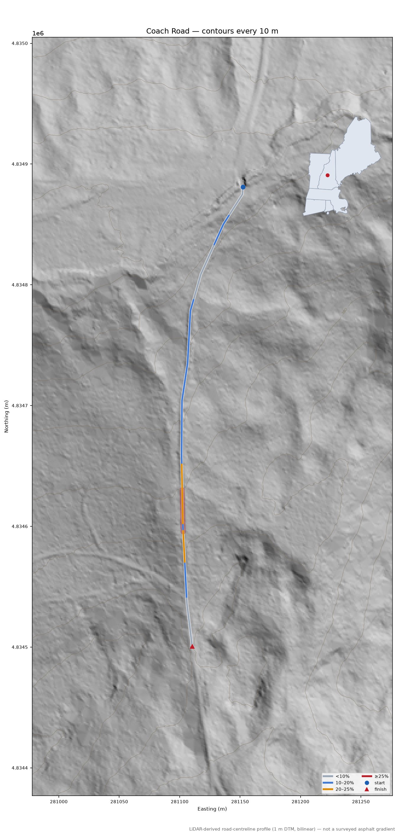 Coach Road LiDAR hillshade map with contours