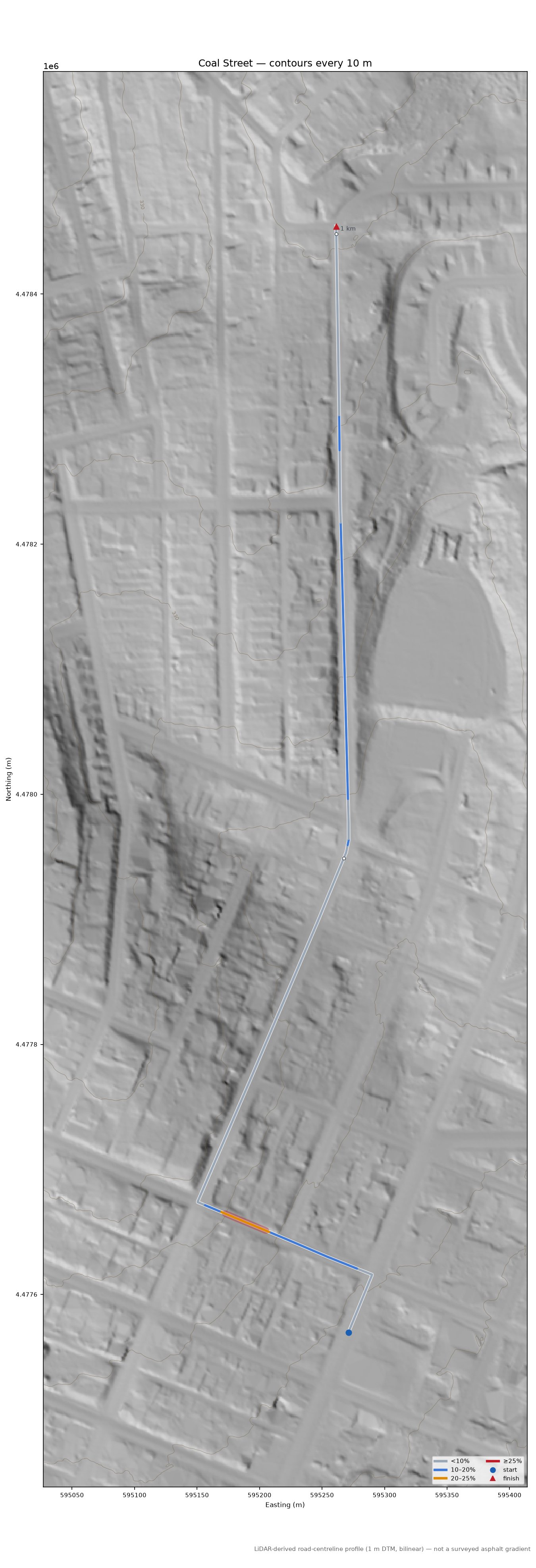 Coal Street LiDAR hillshade map with contours