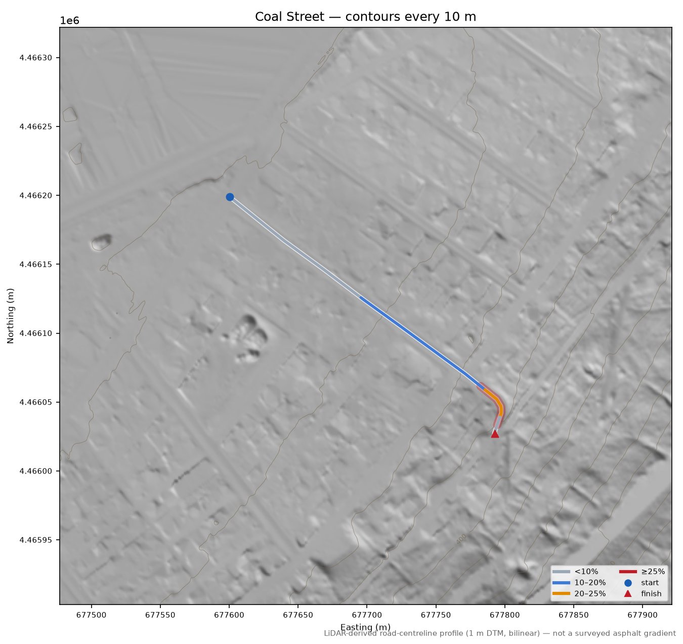 Coal Street LiDAR hillshade map with contours