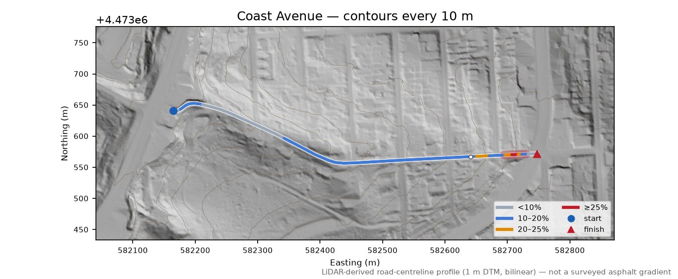 Coast Avenue LiDAR hillshade map with contours