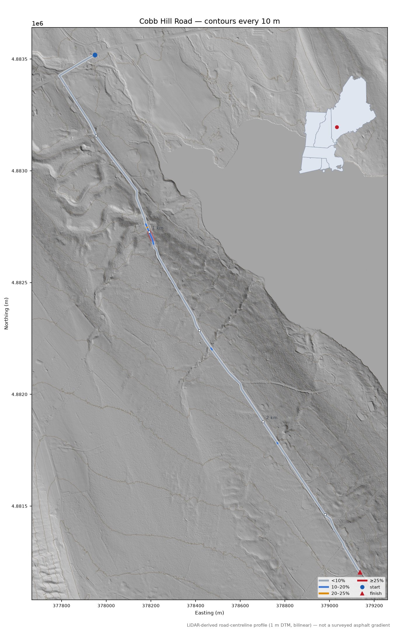 Cobb Hill Road LiDAR hillshade map with contours