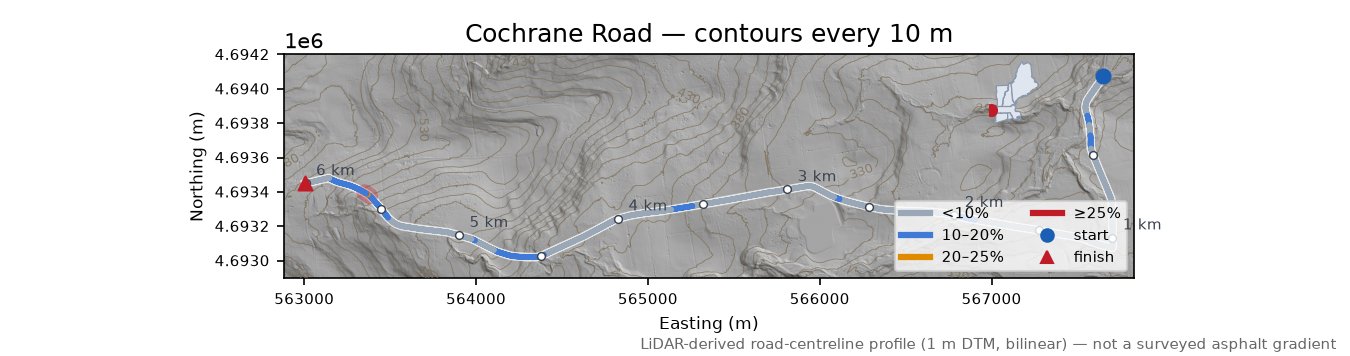 Cochrane Road LiDAR hillshade map with contours