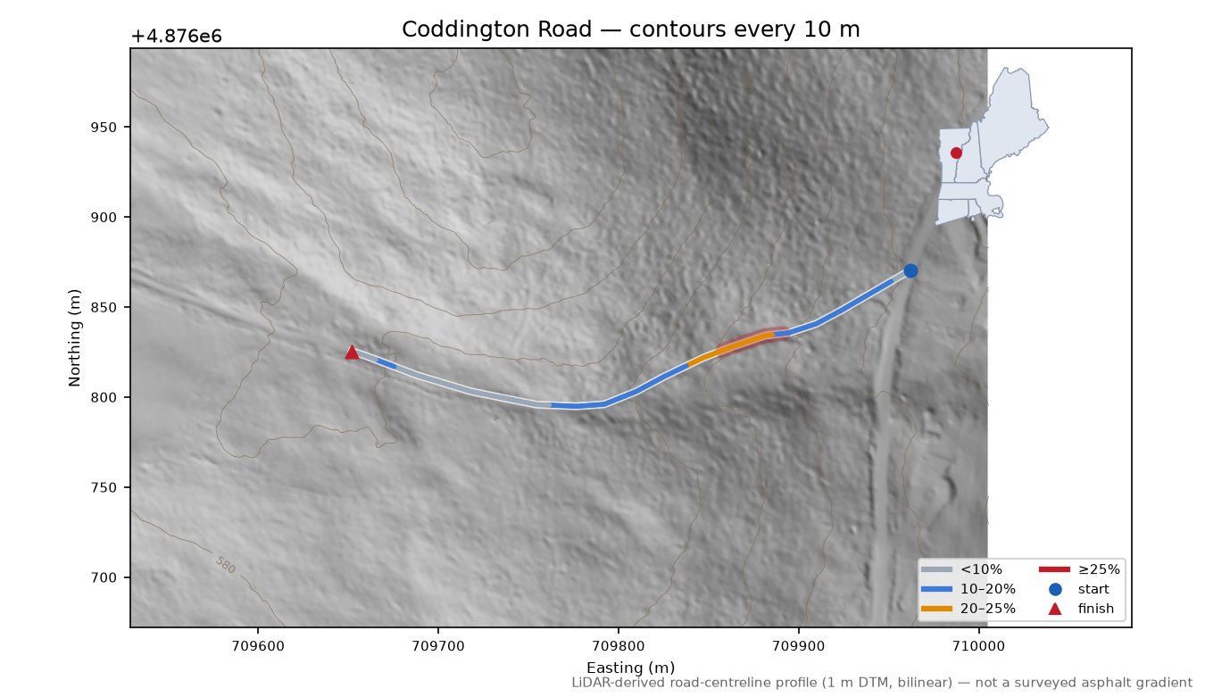 Coddington Road LiDAR hillshade map with contours
