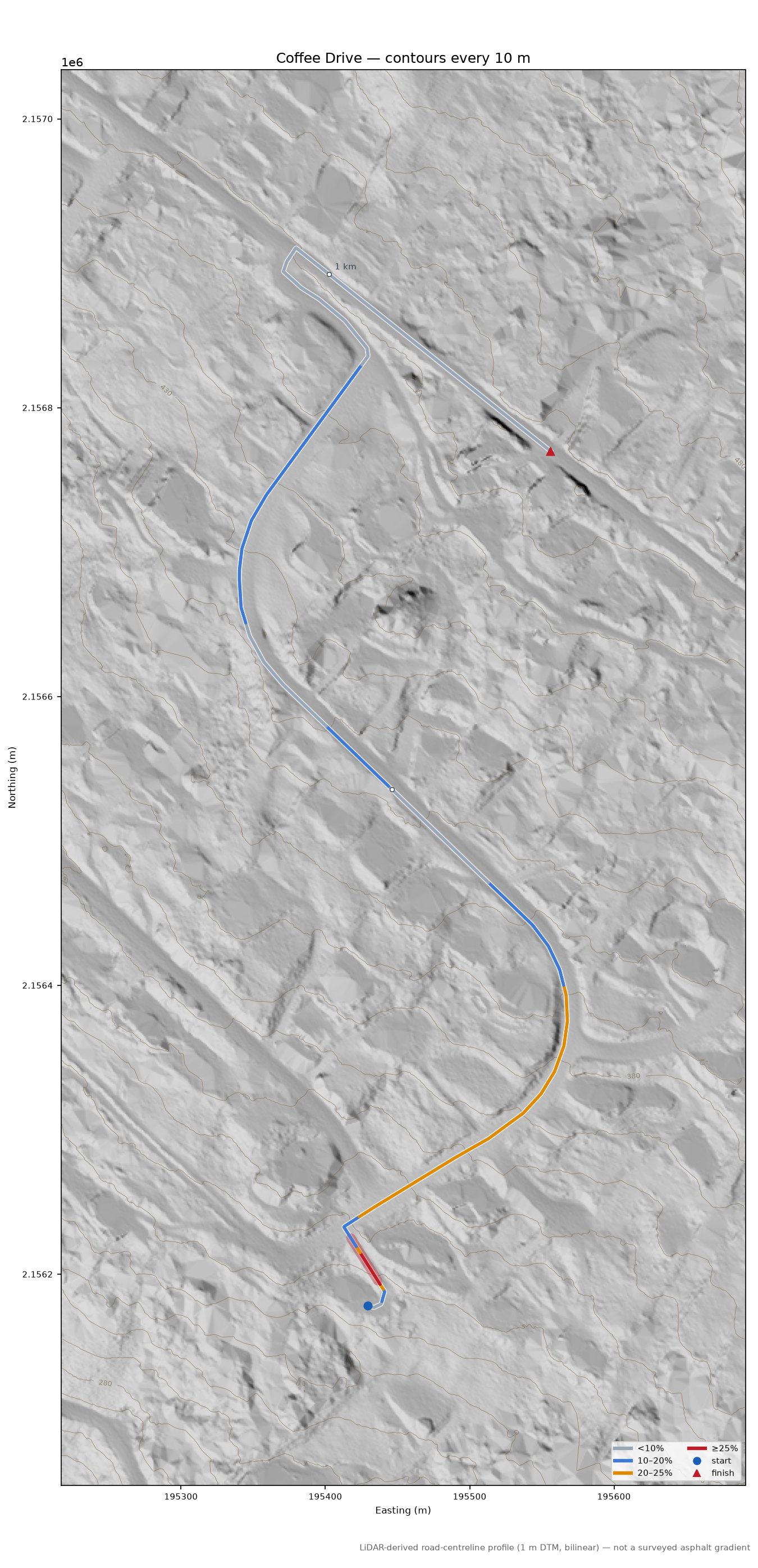 Coffee Drive LiDAR hillshade map with contours