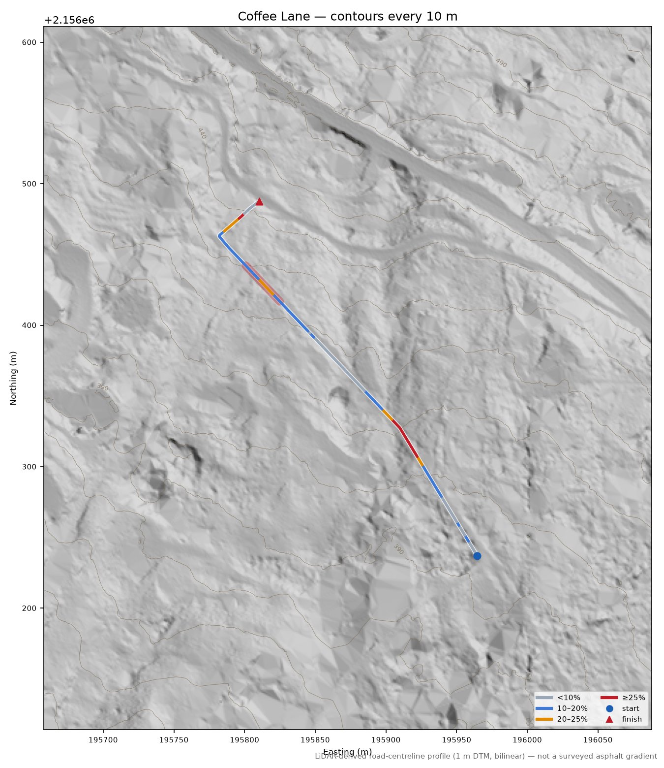 Coffee Lane LiDAR hillshade map with contours