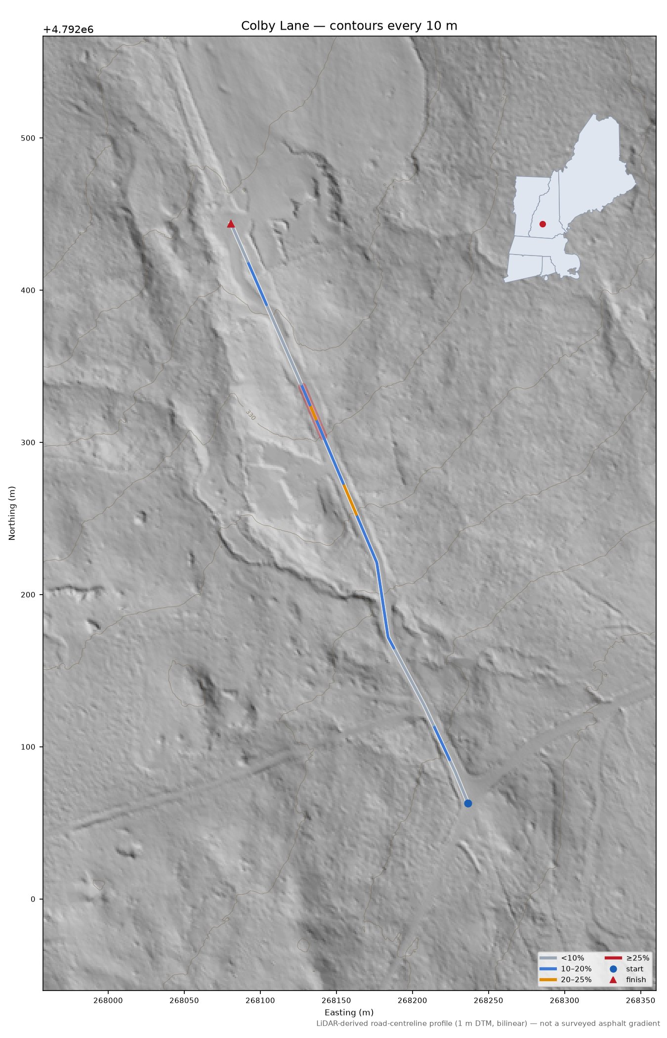 Colby Lane LiDAR hillshade map with contours