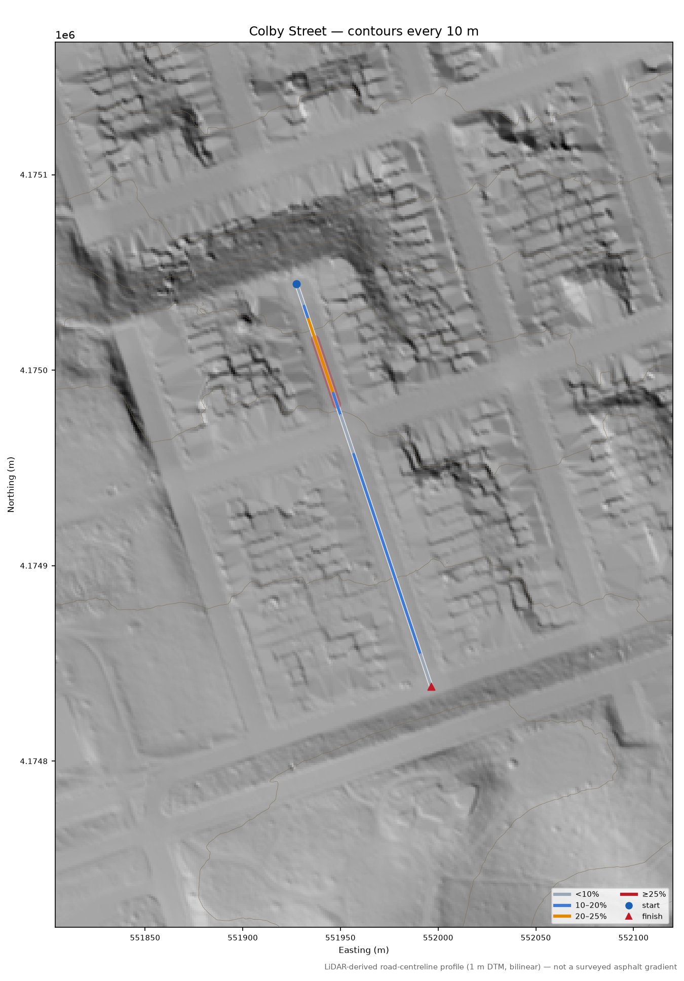 Colby Street LiDAR hillshade map with contours