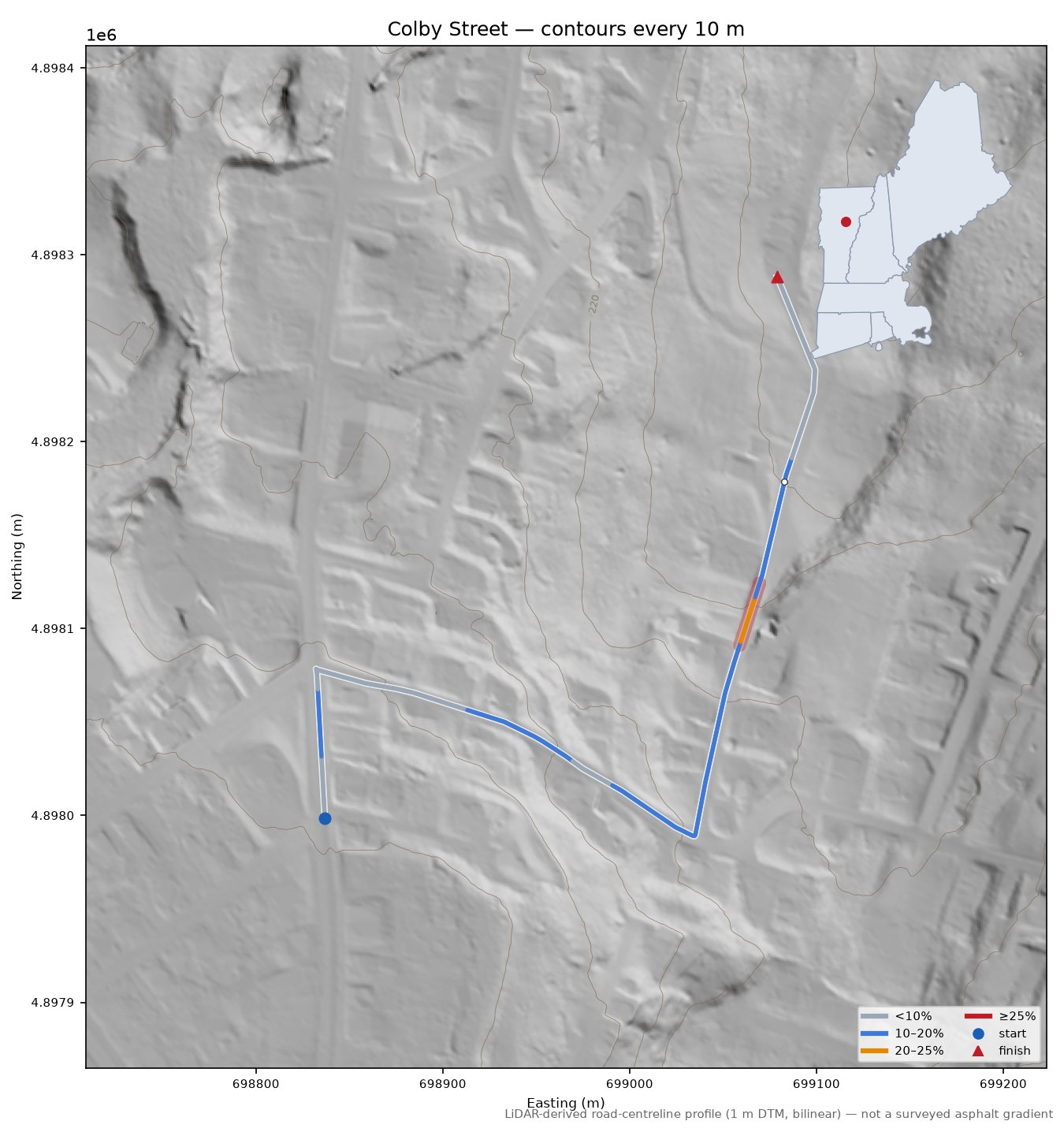 Colby Street LiDAR hillshade map with contours