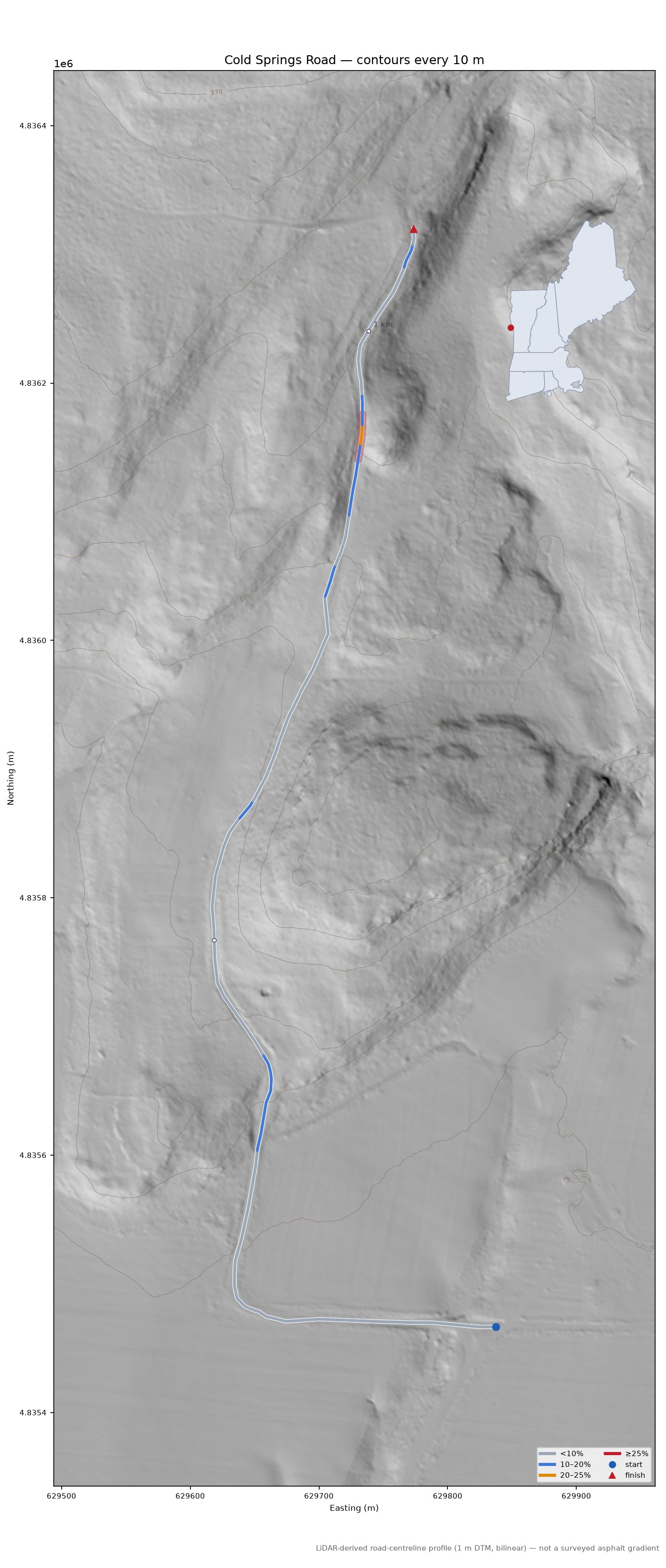 Cold Springs Road LiDAR hillshade map with contours
