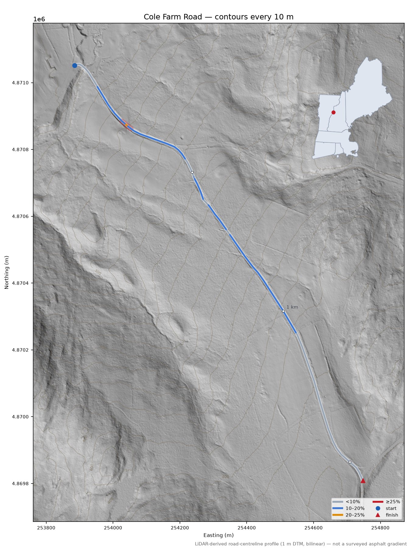 Cole Farm Road LiDAR hillshade map with contours