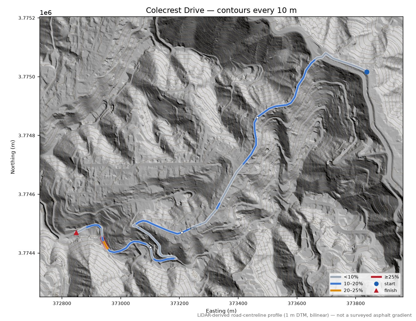 Colecrest Drive LiDAR hillshade map with contours