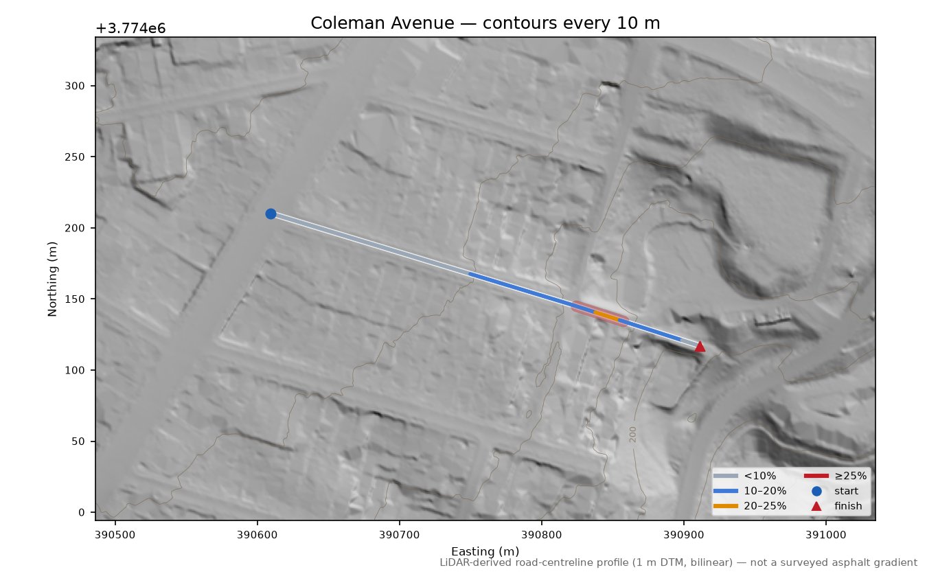 Coleman Avenue LiDAR hillshade map with contours