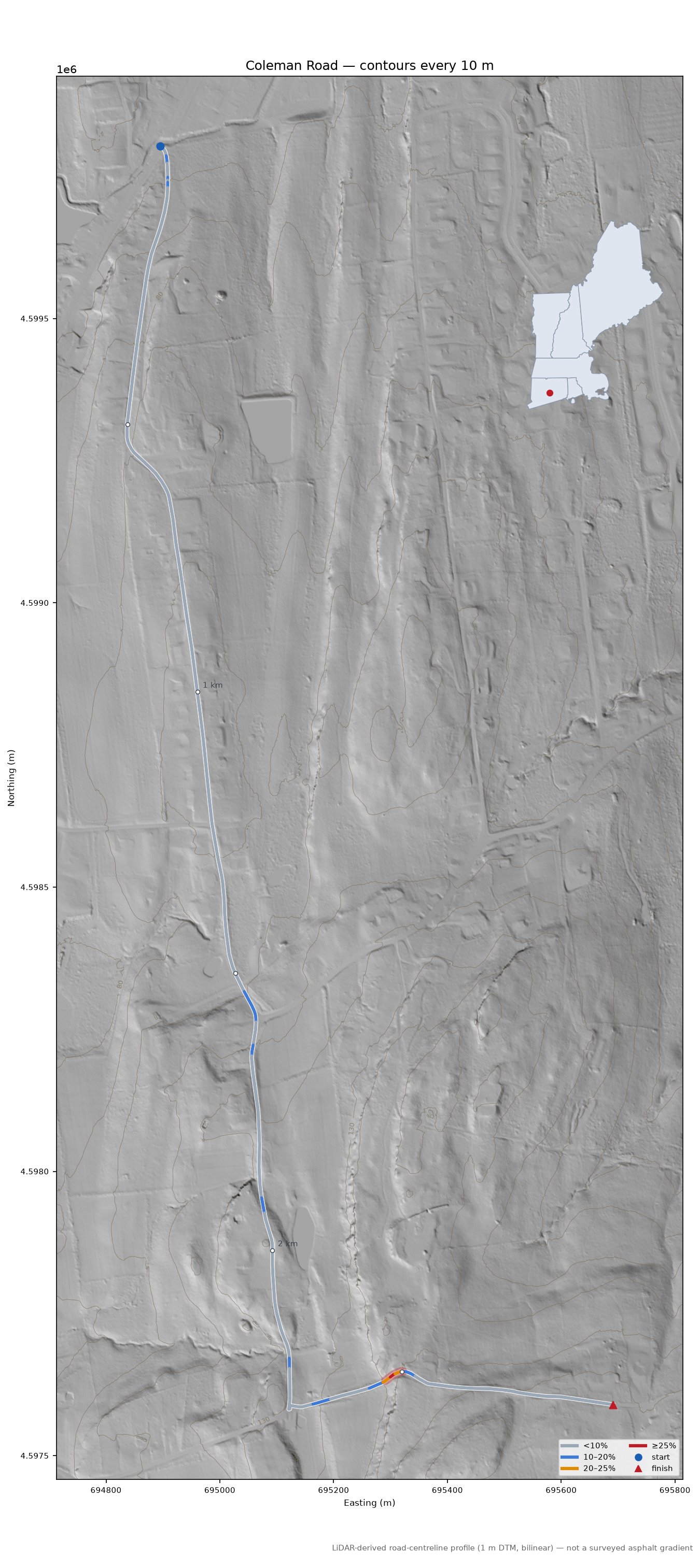 Coleman Road LiDAR hillshade map with contours