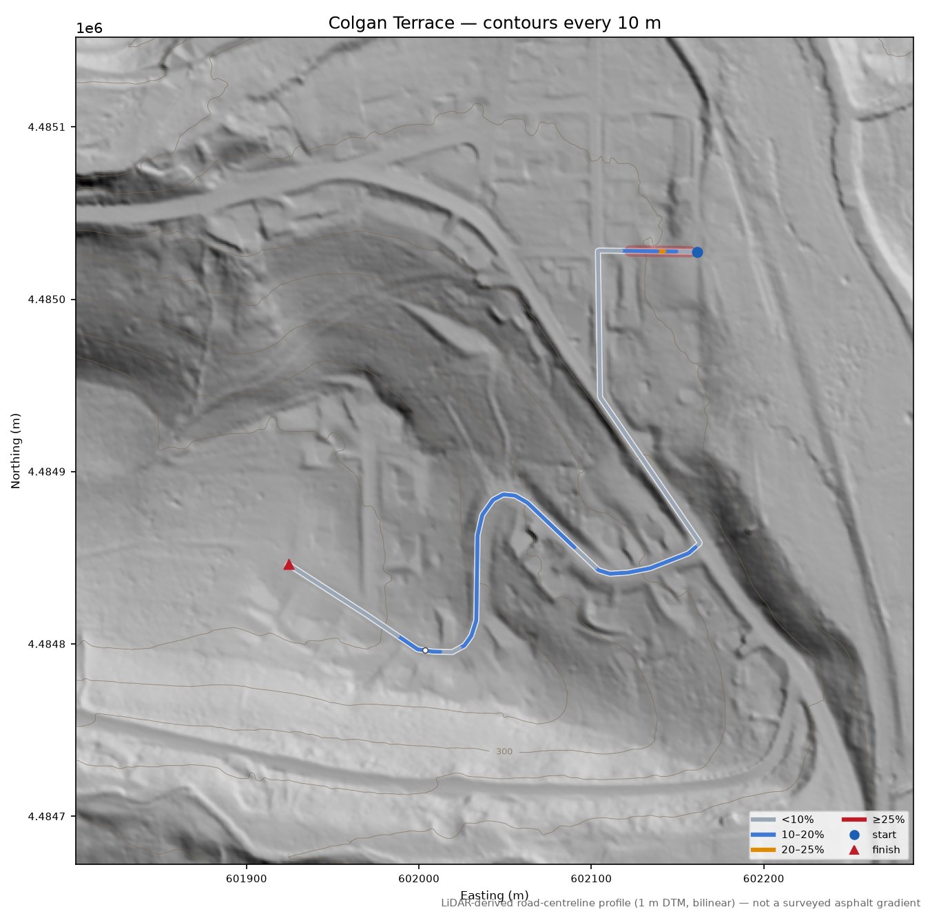Colgan Terrace LiDAR hillshade map with contours