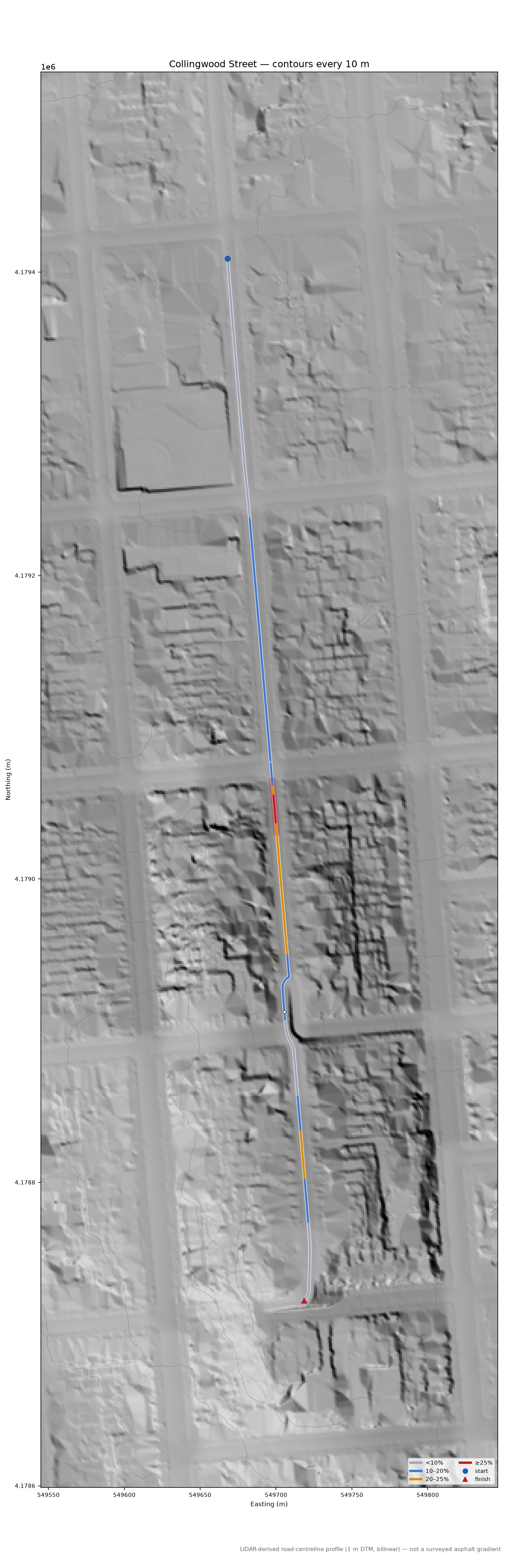 Collingwood Street LiDAR hillshade map with contours
