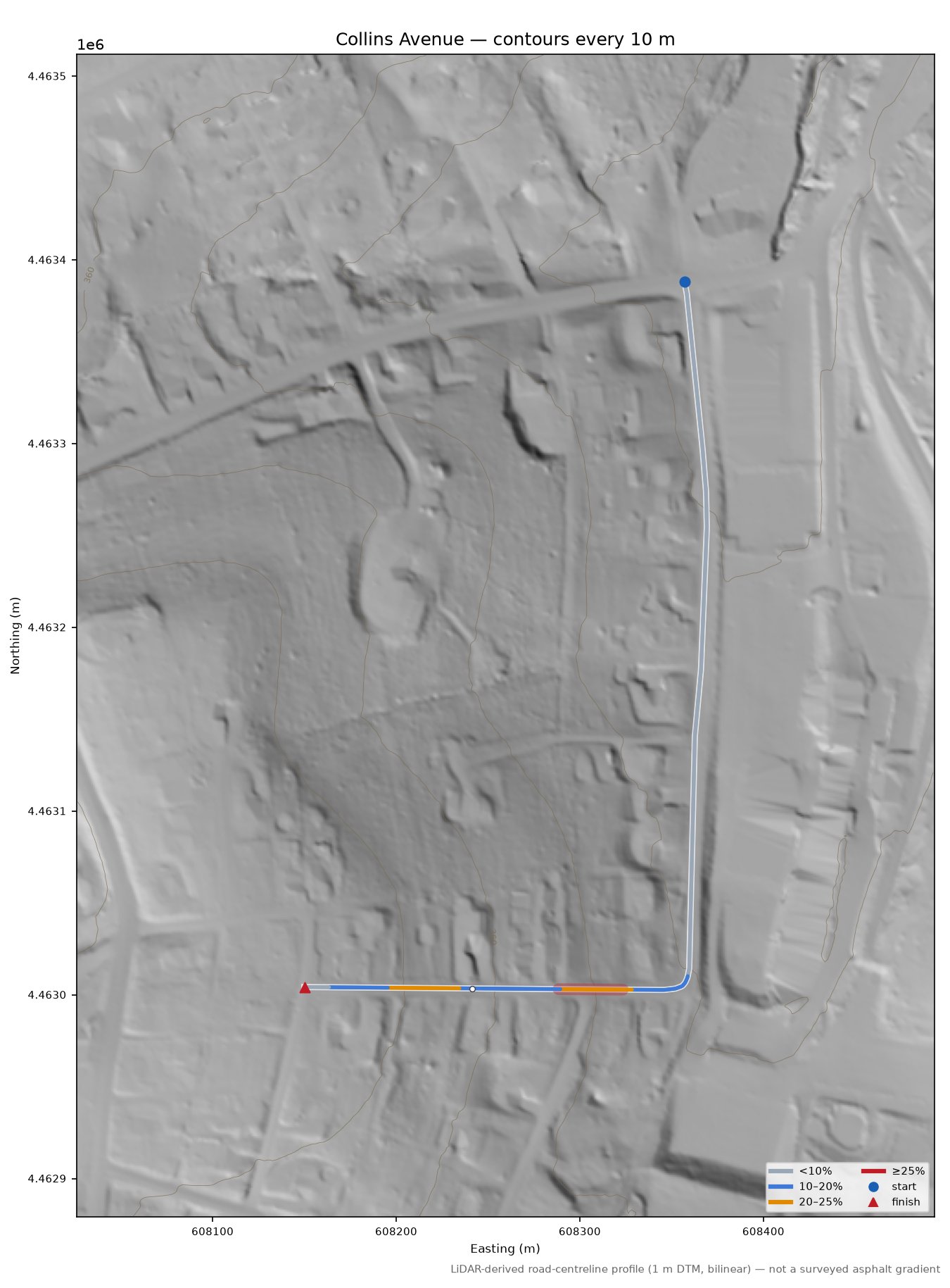 Collins Avenue LiDAR hillshade map with contours