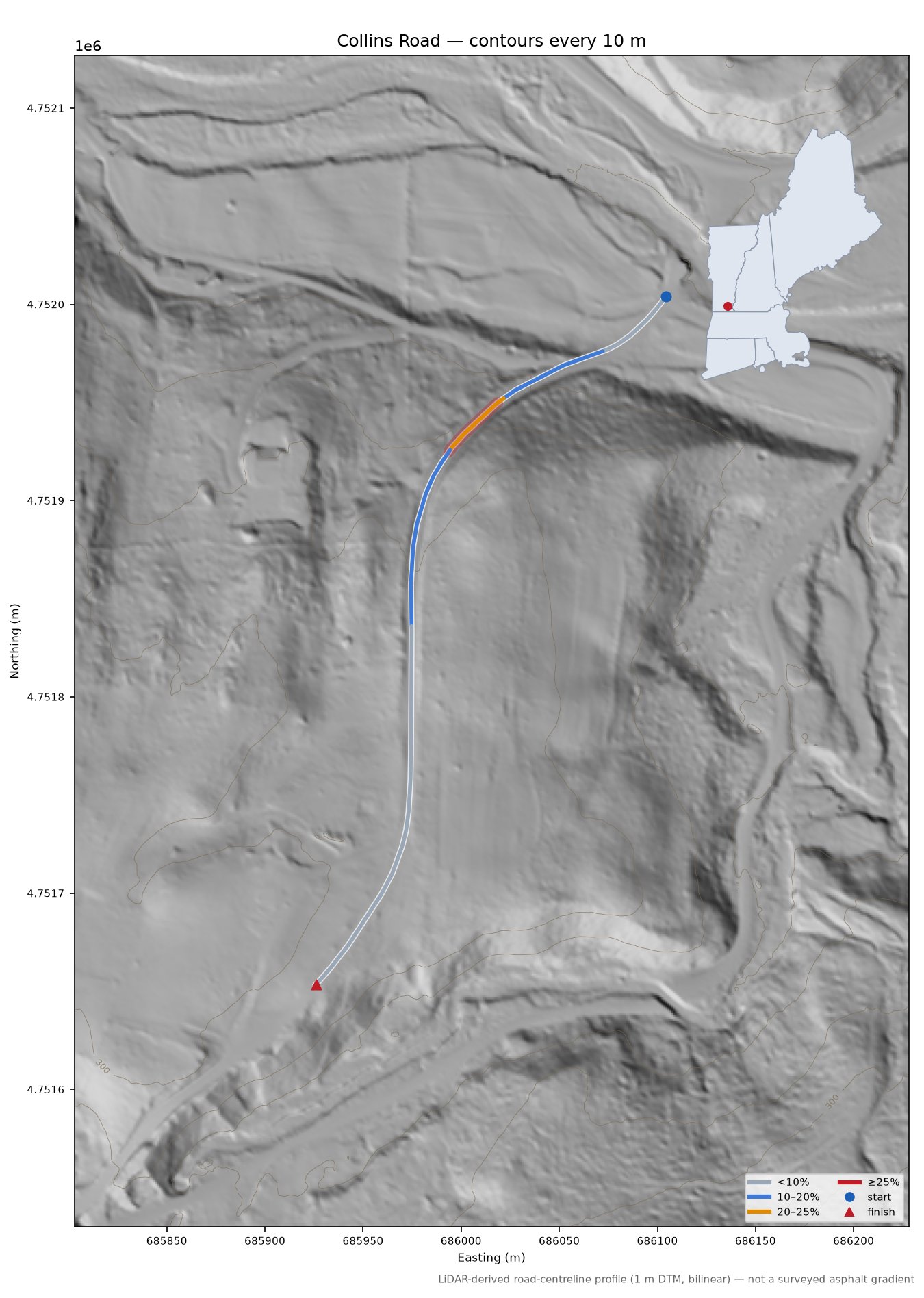 Collins Road LiDAR hillshade map with contours
