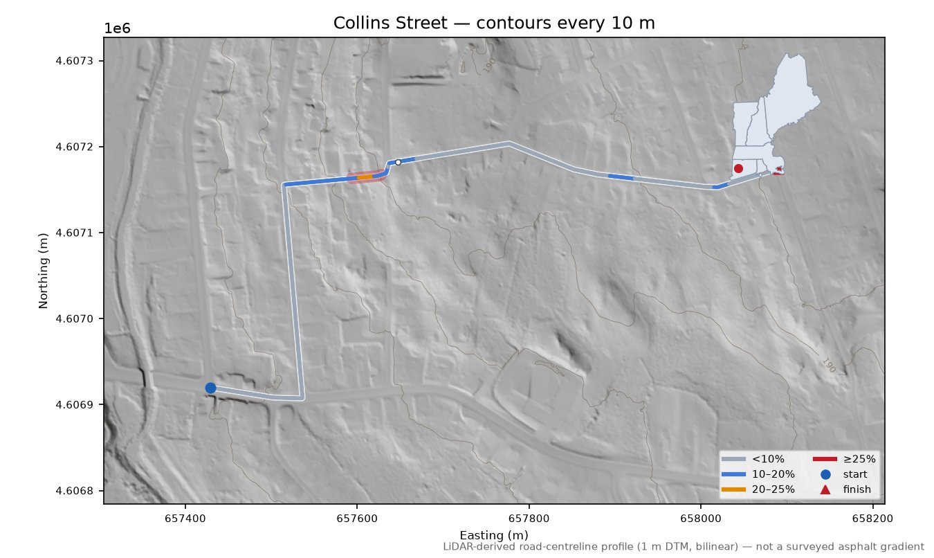 Collins Street LiDAR hillshade map with contours