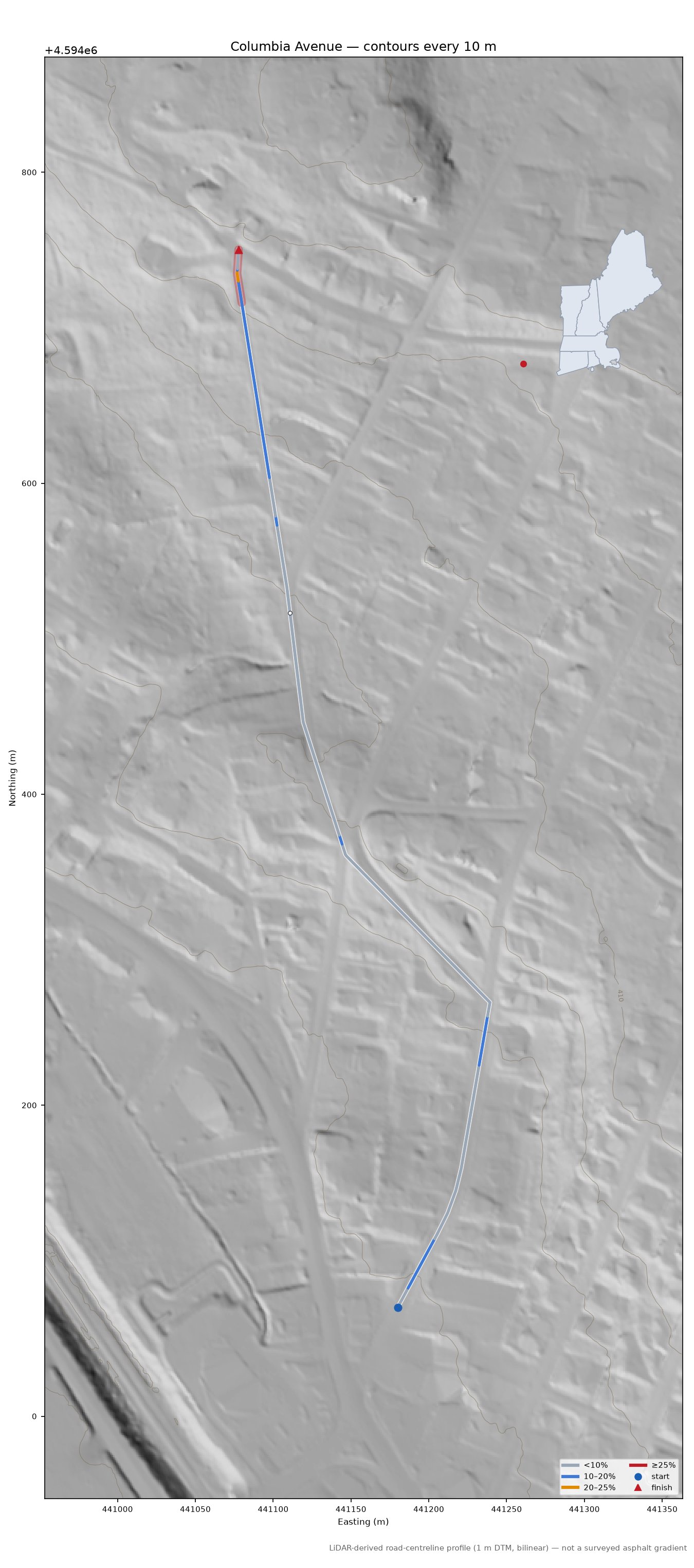 Columbia Avenue LiDAR hillshade map with contours