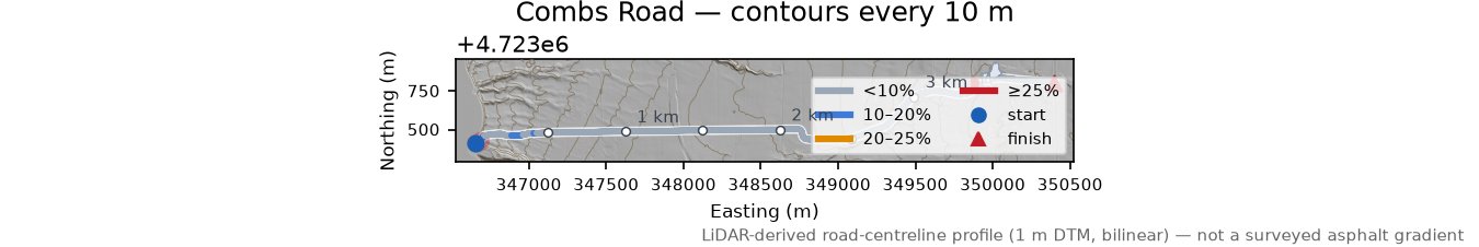 Combs Road LiDAR hillshade map with contours