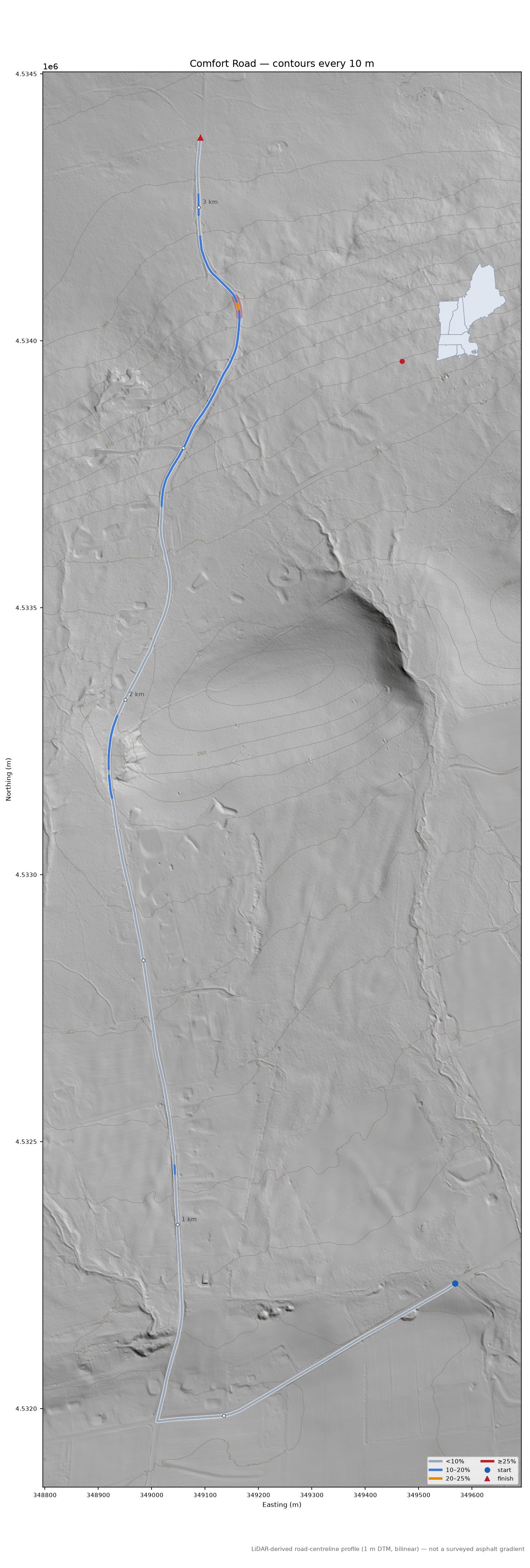 Comfort Road LiDAR hillshade map with contours