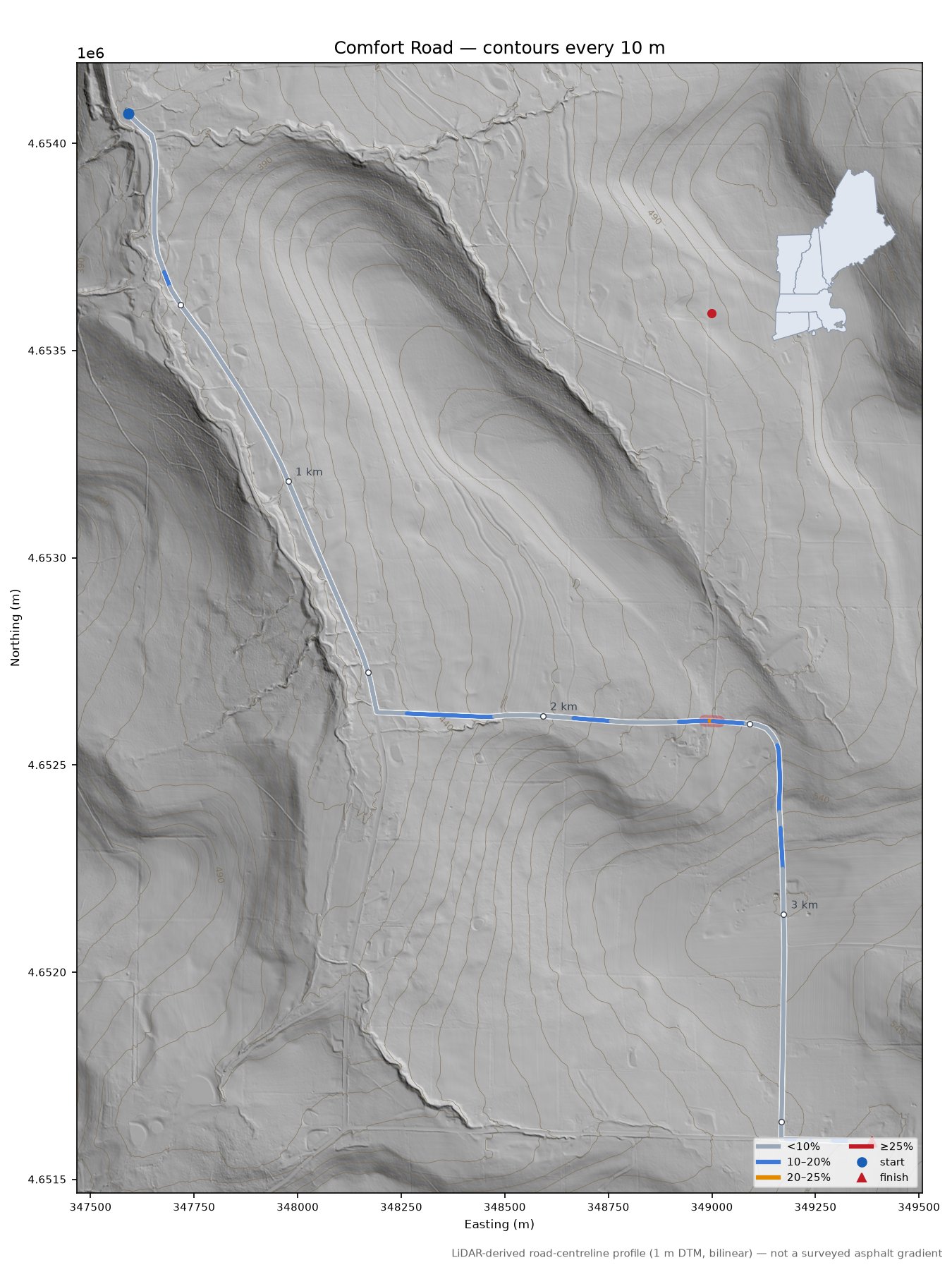 Comfort Road LiDAR hillshade map with contours