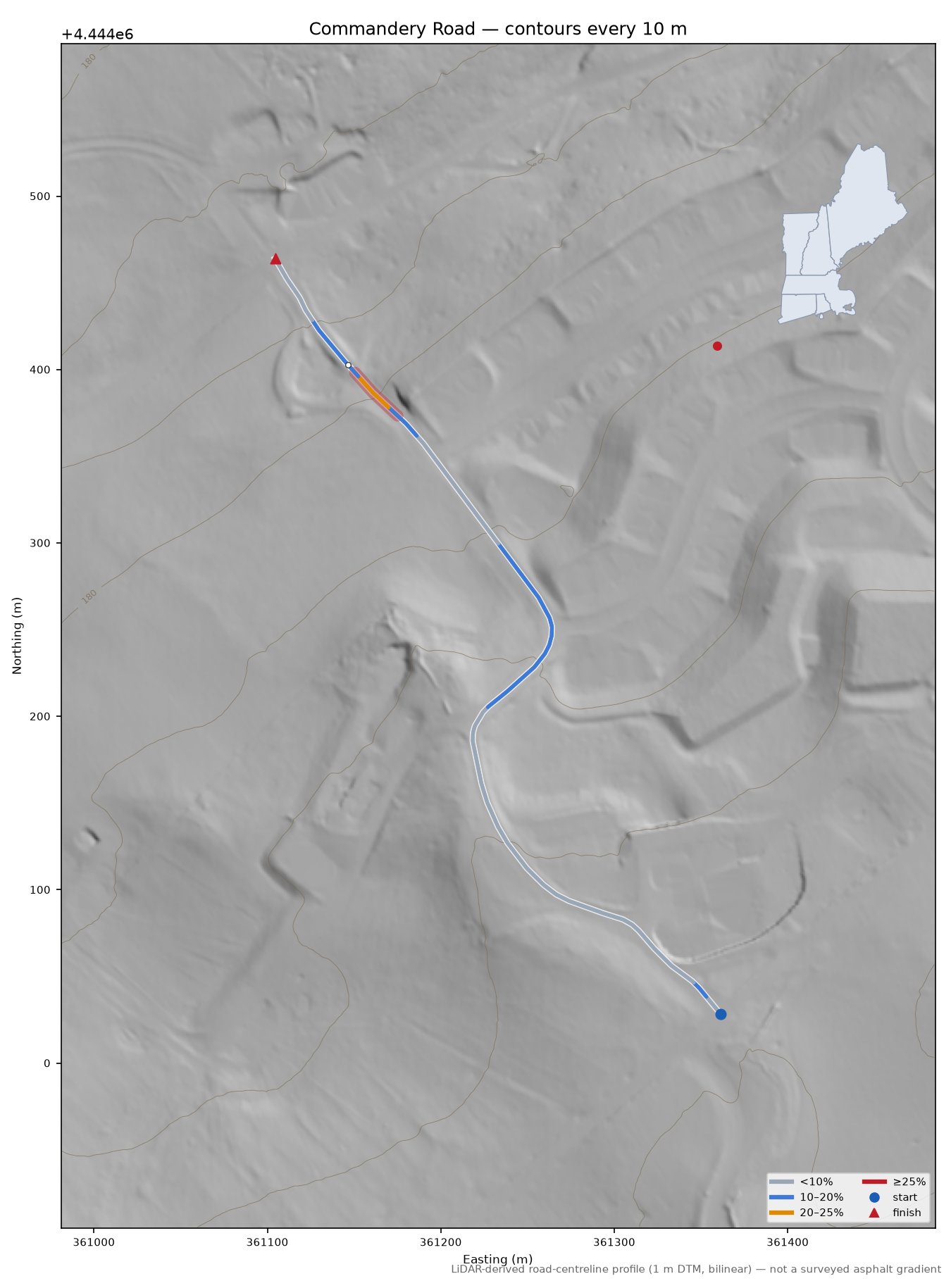 Commandery Road LiDAR hillshade map with contours