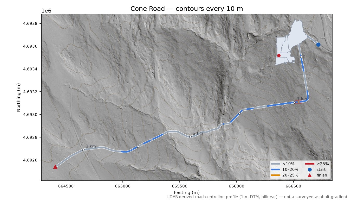 Cone Road LiDAR hillshade map with contours